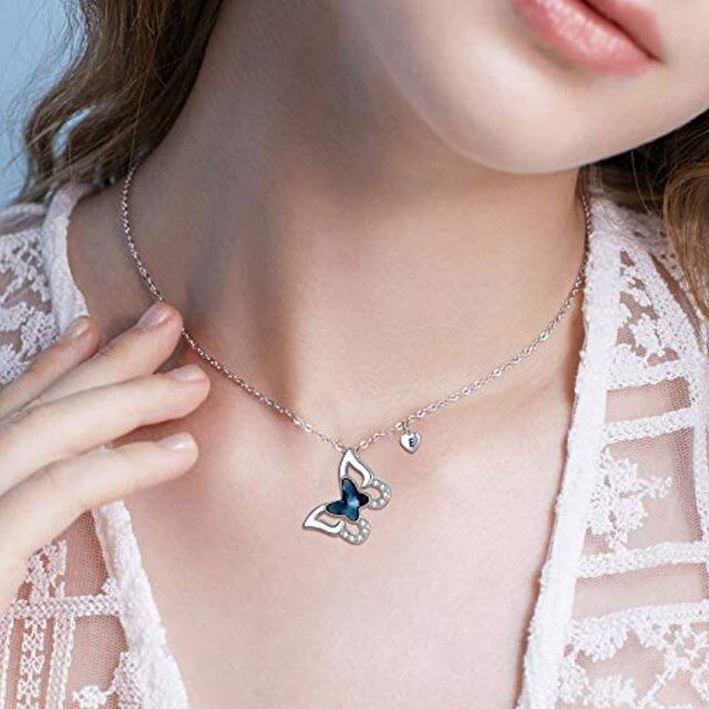 Sterling Silver Crystal & Personalized Initial Letter Butterfly Pendant Necklace with Initial Letter E-3