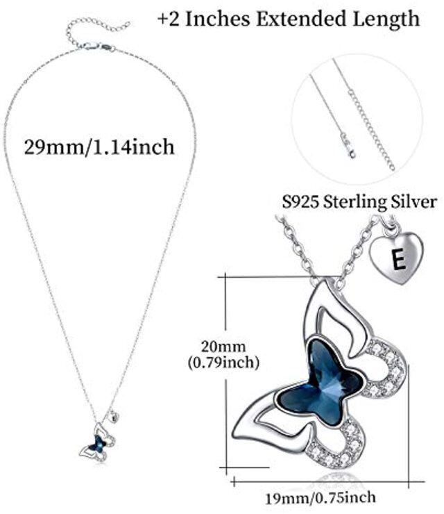 Sterling Silver Crystal & Personalized Initial Letter Butterfly Pendant Necklace with Initial Letter E-5