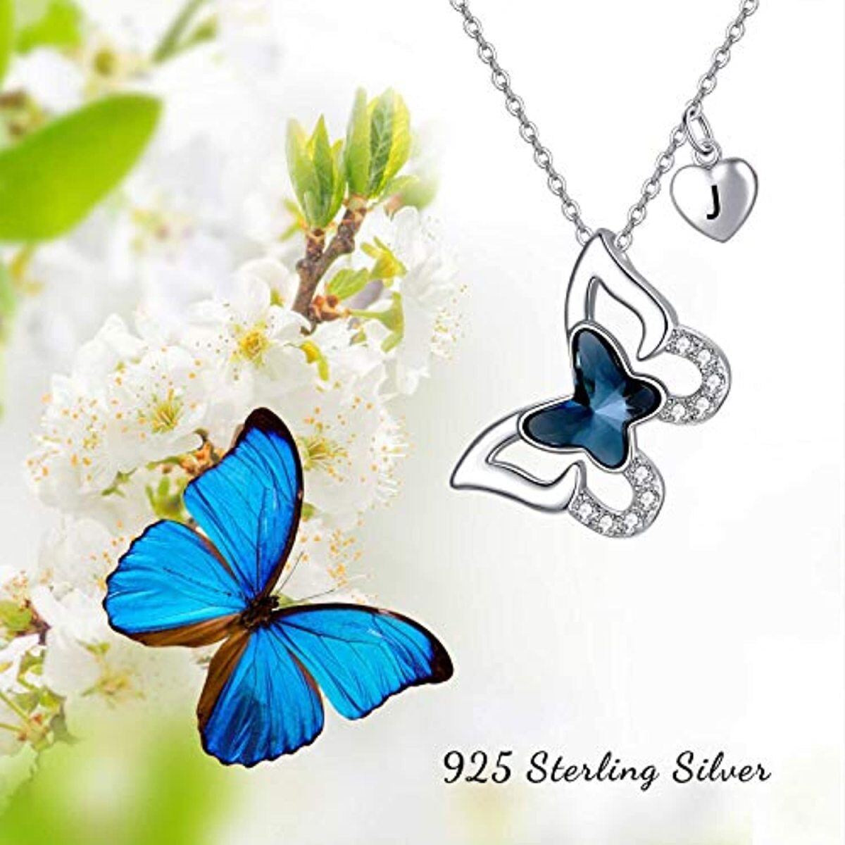 Sterling Silver Crystal & Personalized Initial Letter Butterfly Pendant Necklace with Initial Letter J-5