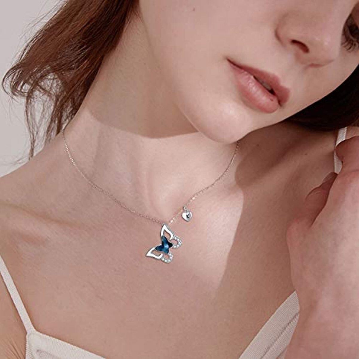 Sterling Silver Crystal & Personalized Initial Letter Butterfly Pendant Necklace with Initial Letter K-2