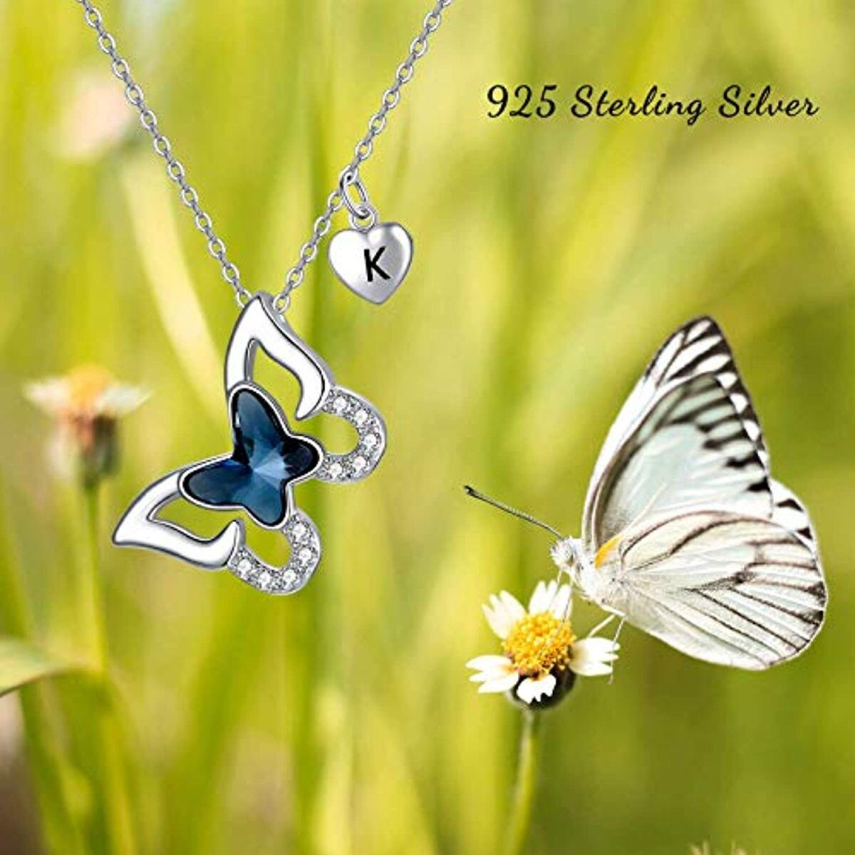 Sterling Silver Crystal & Personalized Initial Letter Butterfly Pendant Necklace with Initial Letter K-5