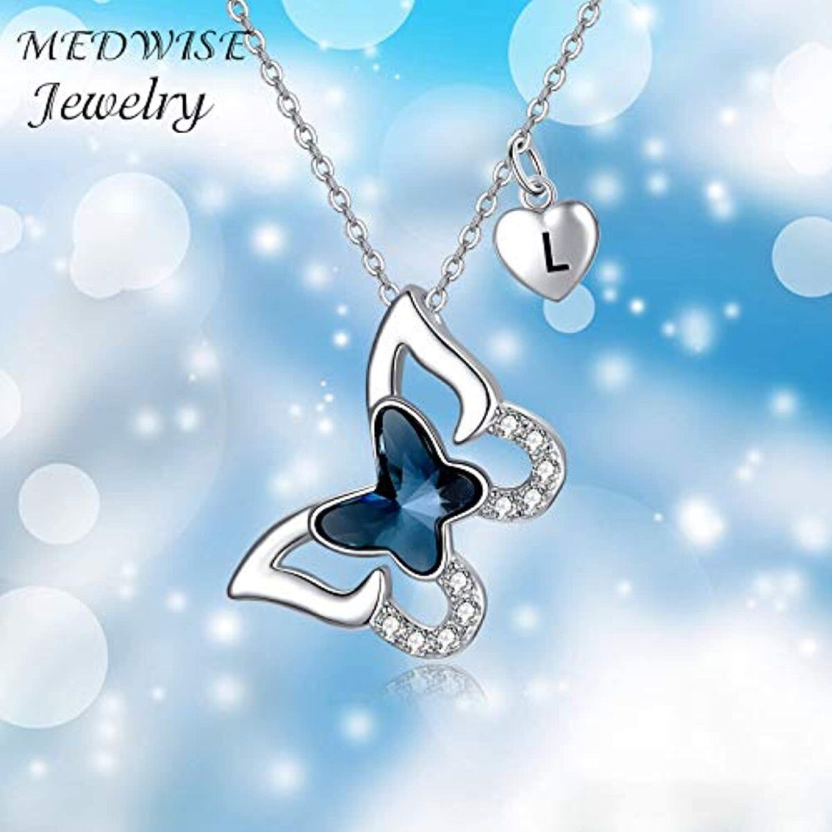 Collier avec pendentif papillon en argent sterling et cristal avec lettre initiale personnalisée avec lettre initiale L-5