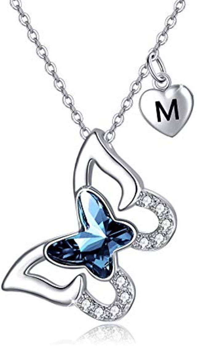 Sterling Silver Crystal & Personalized Initial Letter Butterfly Pendant Necklace with Initial Letter M-1