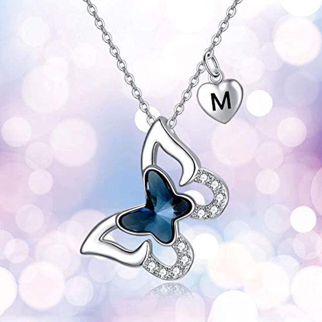 Sterling Silver Crystal & Personalized Initial Letter Butterfly Pendant Necklace with Initial Letter M-6