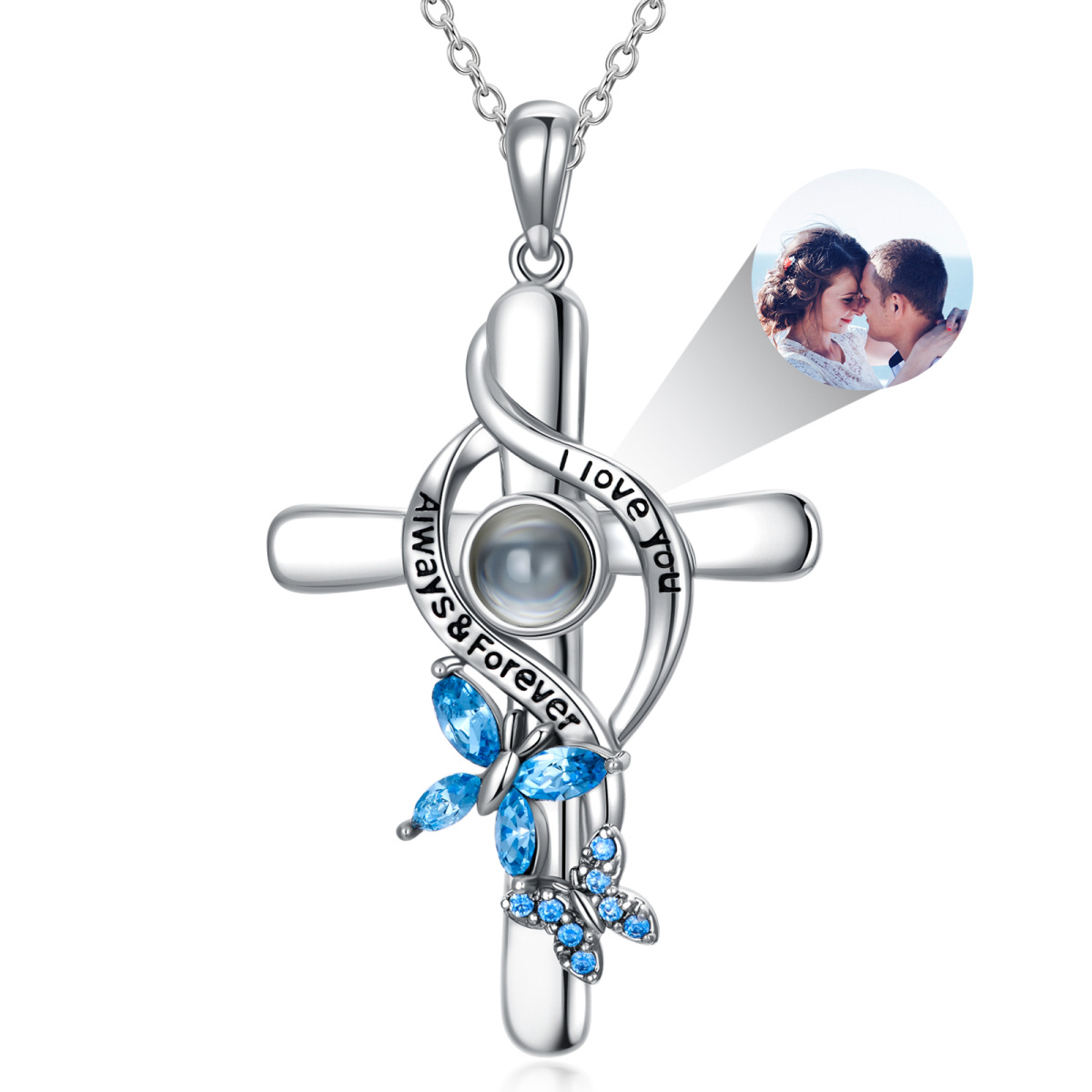 Sterling Silver Personalized Projection With Crystal Butterfly & Cross Pendant Necklace For Women-1