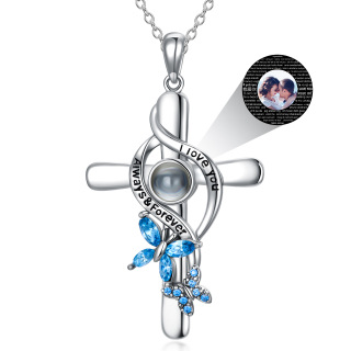 Sterling Silver Personalized Projection With Crystal Butterfly & Cross Pendant Necklace For Women-14