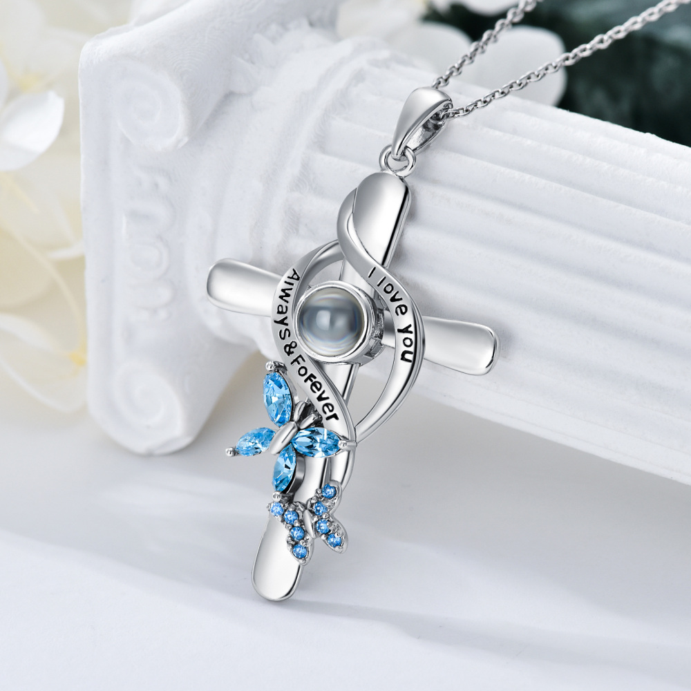 Collar con colgante de cruz y mariposa de cristal personalizado de plata de ley para mujer-4