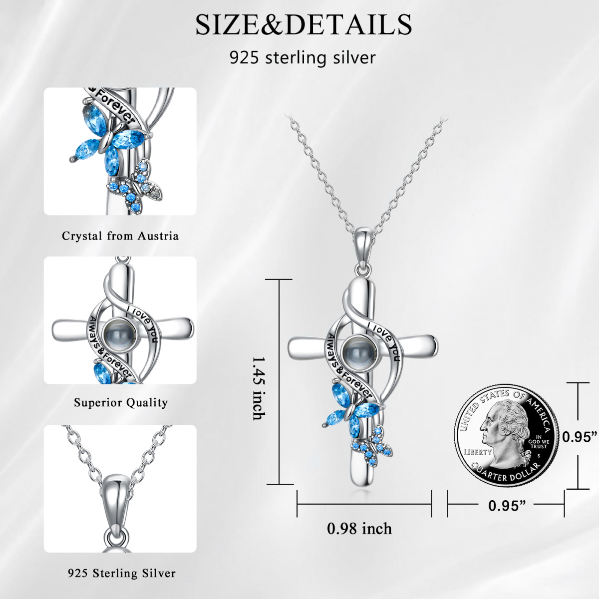 Sterling Silver Personalized Projection With Crystal Butterfly & Cross Pendant Necklace For Women-5