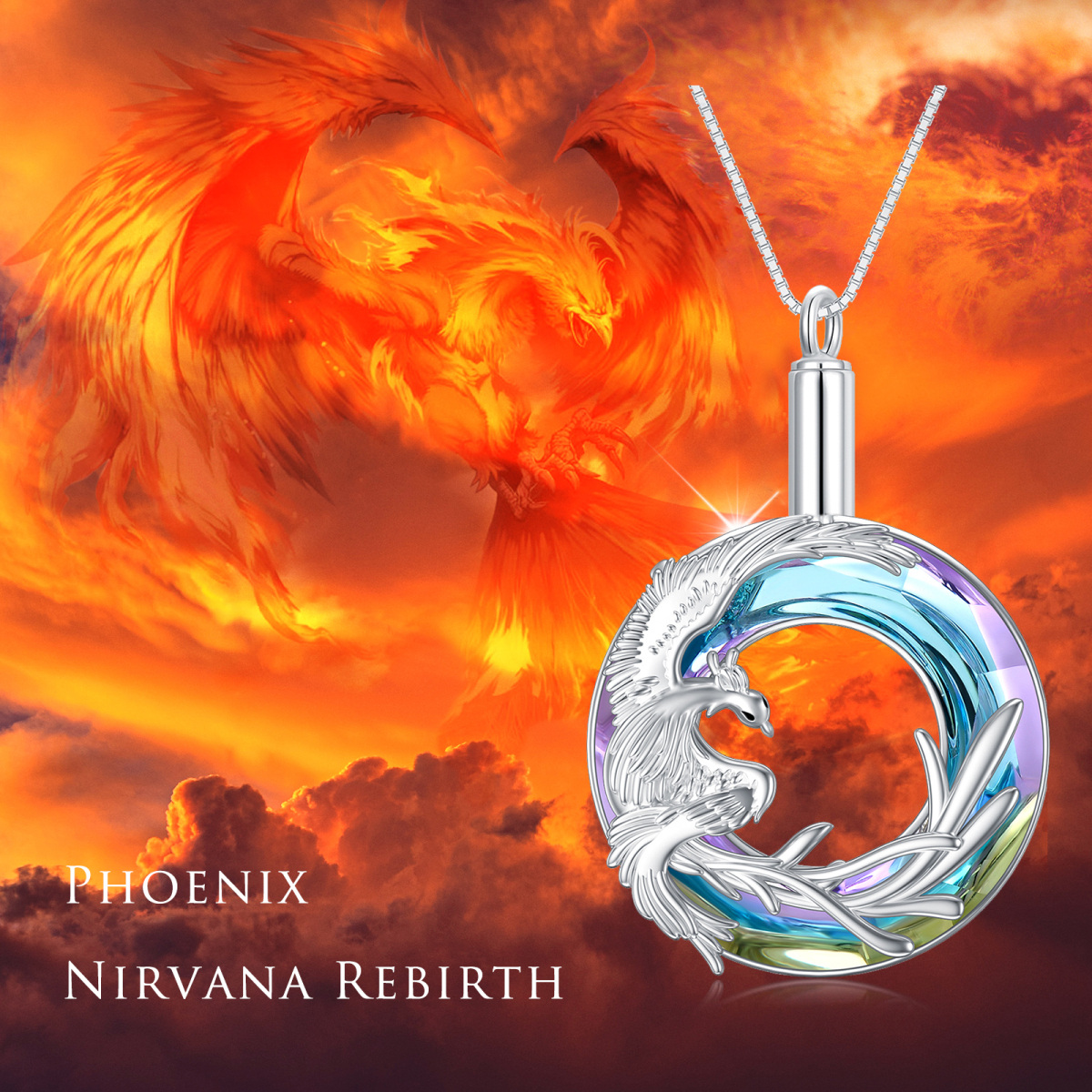 Sterling Silber Kristall Phoenix Urne Halskette für Asche mit Box Kette-6