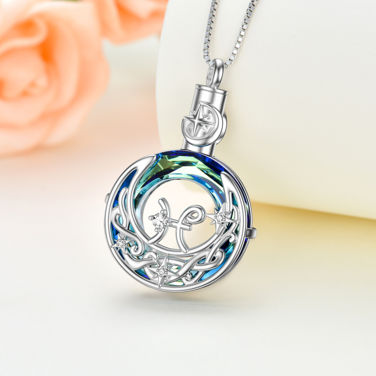 Sterling Silver Crystal Pisces & Celtic Knot & Moon Urn Necklace for Ashes-5