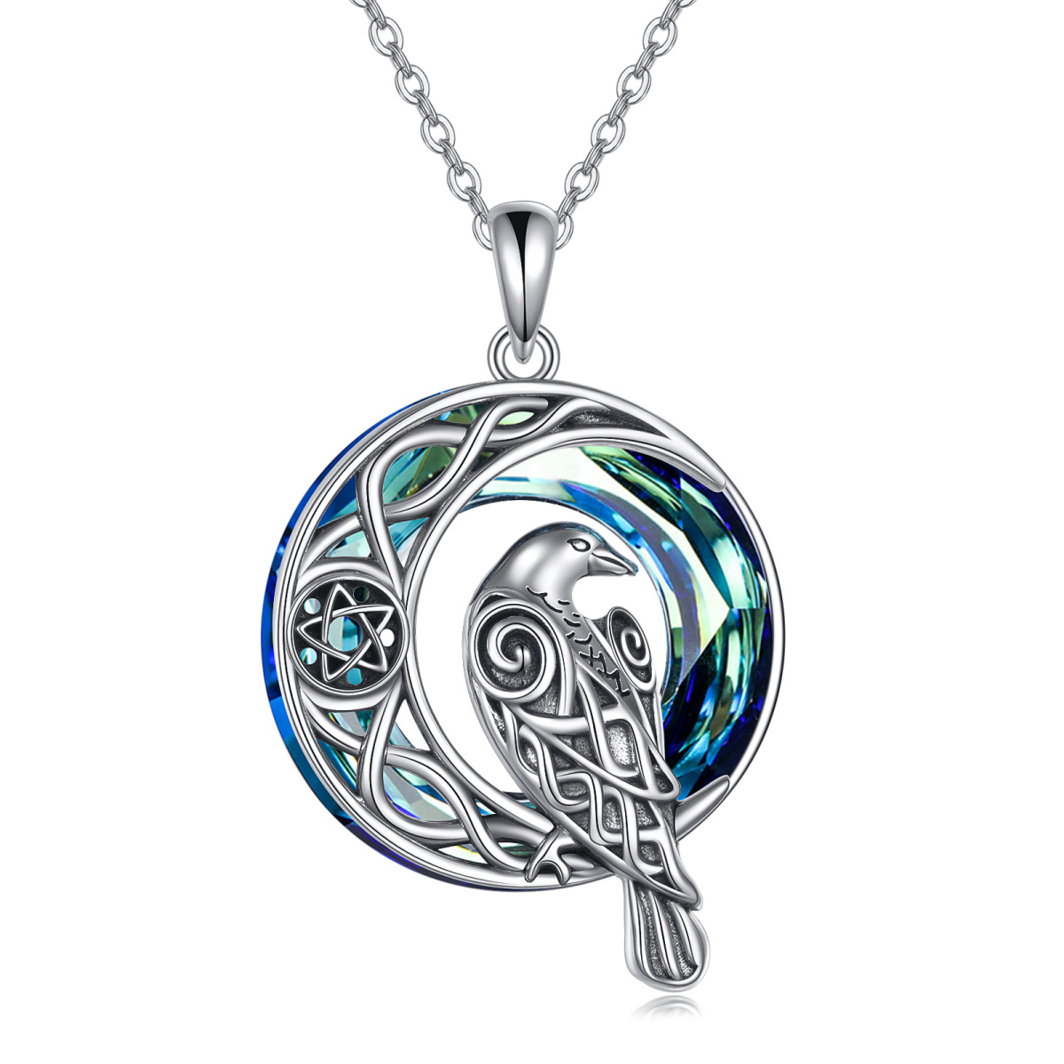 Sterling Silver Crystal Raven & Celtic Knot Pendant Necklace-1