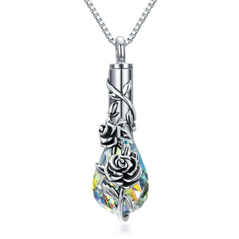 Sterling Silver Crystal Rose & Drop Shape Urn Necklace for Ashes-5
