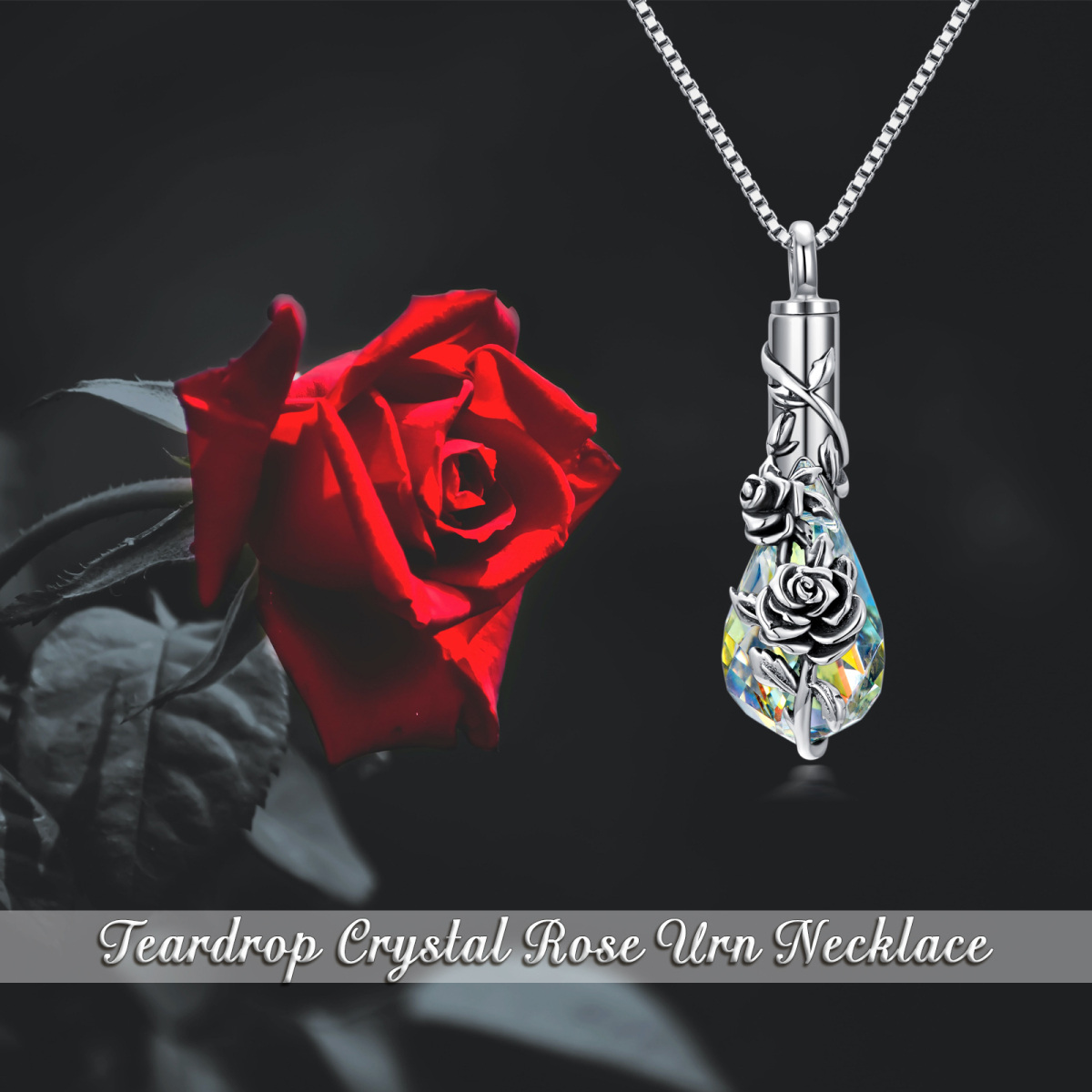 Sterling Silver Crystal Rose & Drop Shape Urn Necklace for Ashes-6