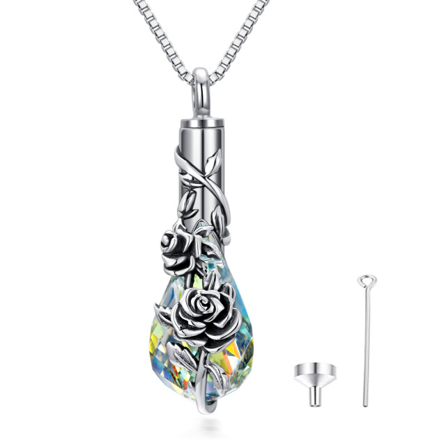 Sterling Silver Crystal Rose & Drop Shape Urn Necklace for Ashes-5