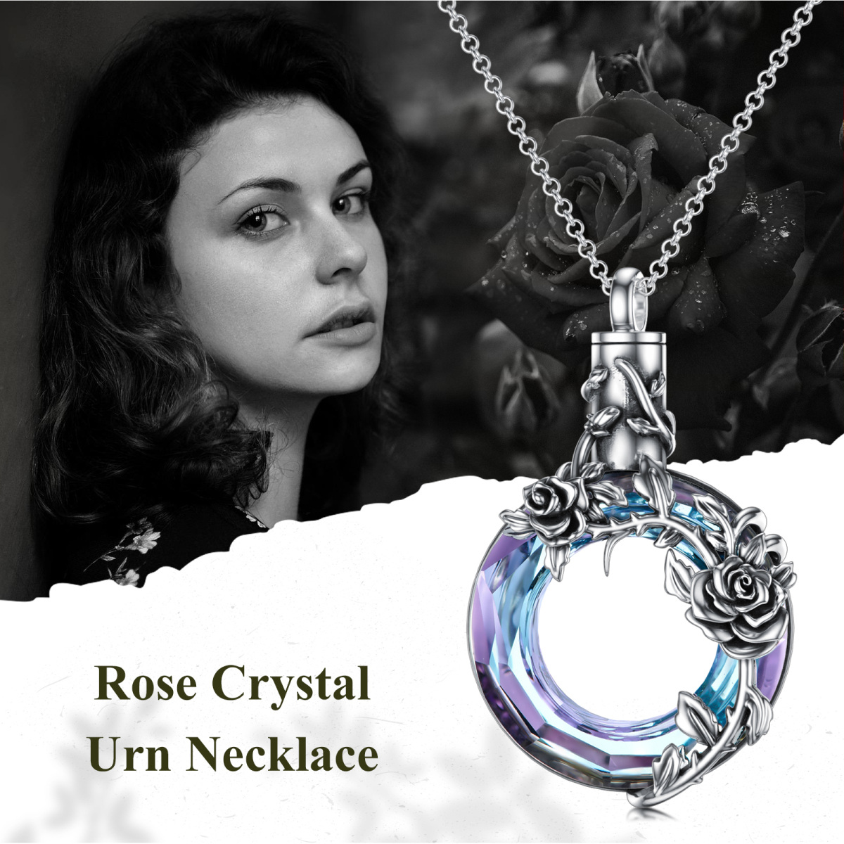 Collar de urna de plata de ley con forma de corazón y rosa de cristal para cenizas-3