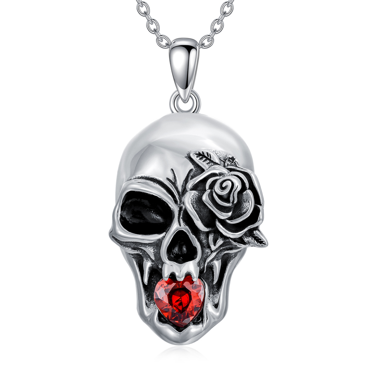 Sterling Silver Crystal Rose & Skull Pendant Necklace-1