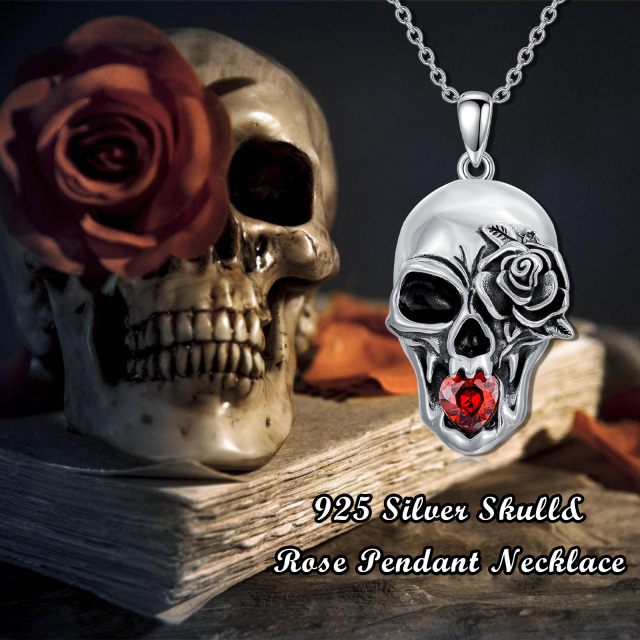 Sterling Silver Crystal Rose & Skull Pendant Necklace-5