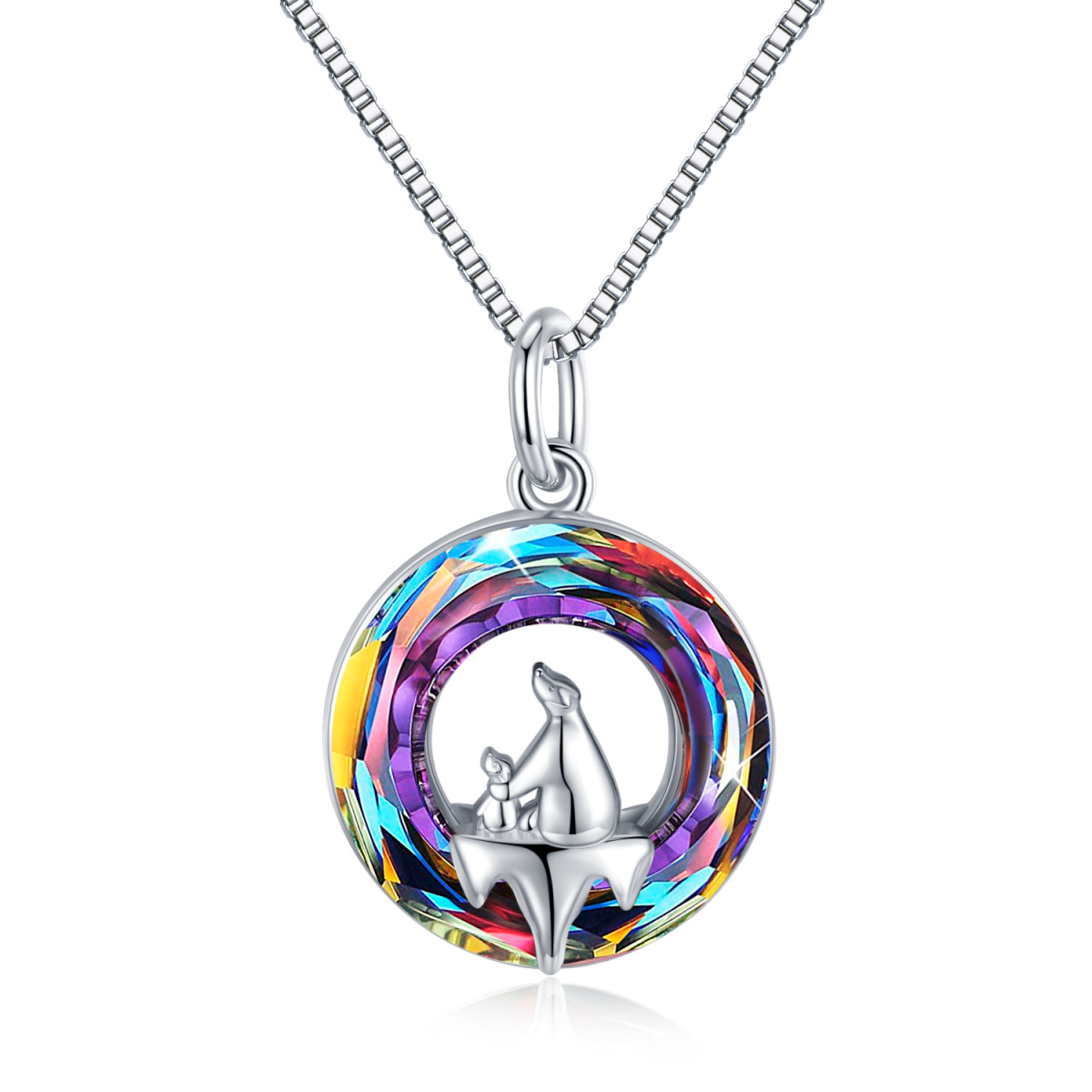 Sterling Silver Round Crystal Bear & Polar Pendant Necklace For Women-1