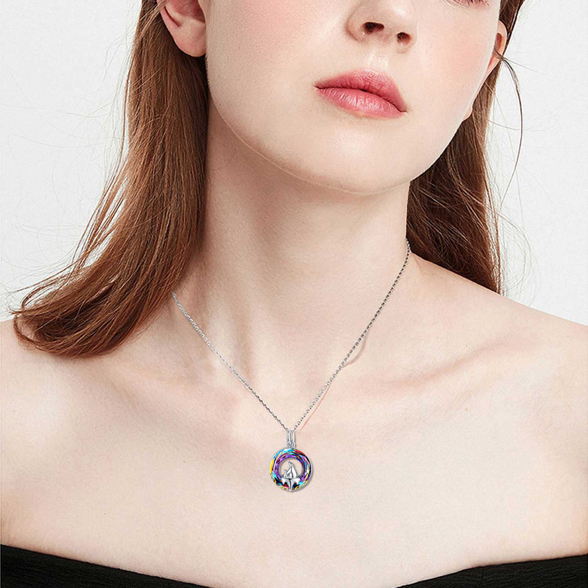 Collana con ciondolo polare e orso di cristallo rotondo in argento sterling per le donne-2