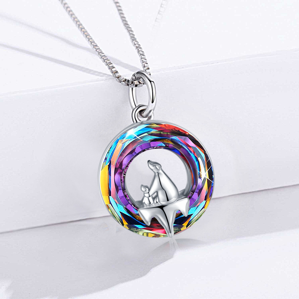 Sterling Silver Round Crystal Bear & Polar Pendant Necklace For Women-3