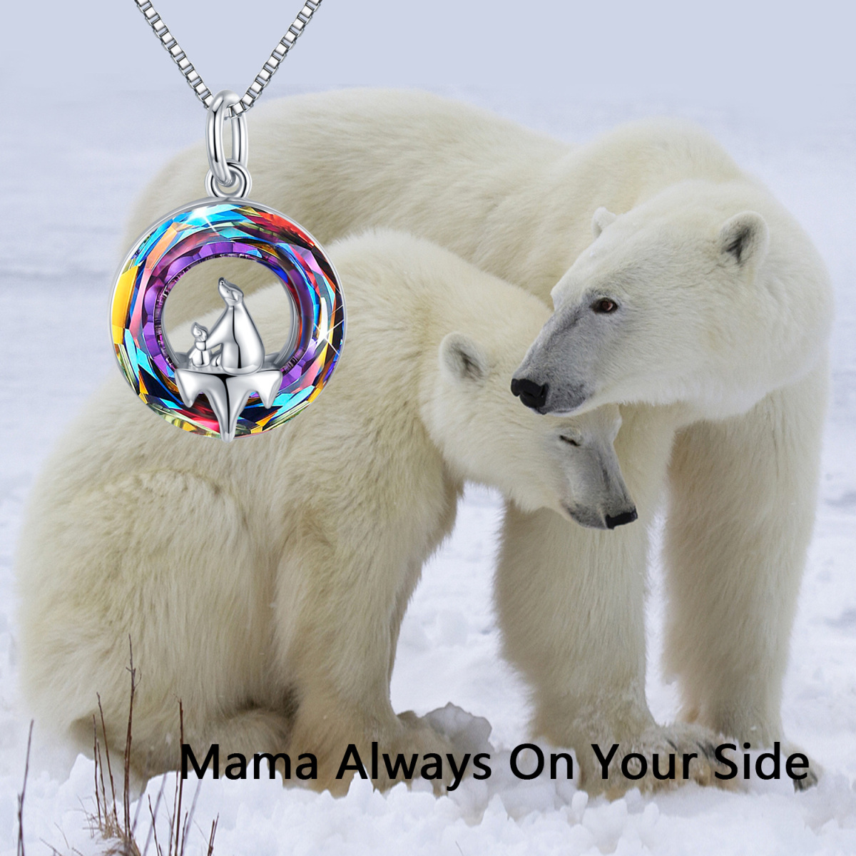 Sterling Silver Round Crystal Bear & Polar Pendant Necklace For Women-4