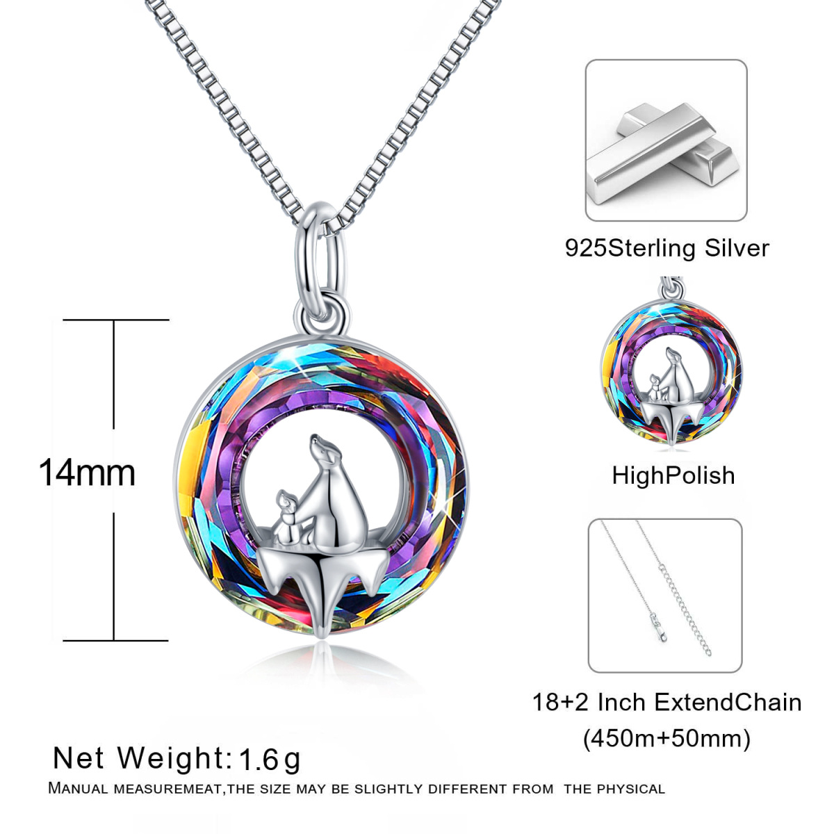 Sterling Silver Round Crystal Bear & Polar Pendant Necklace For Women-5