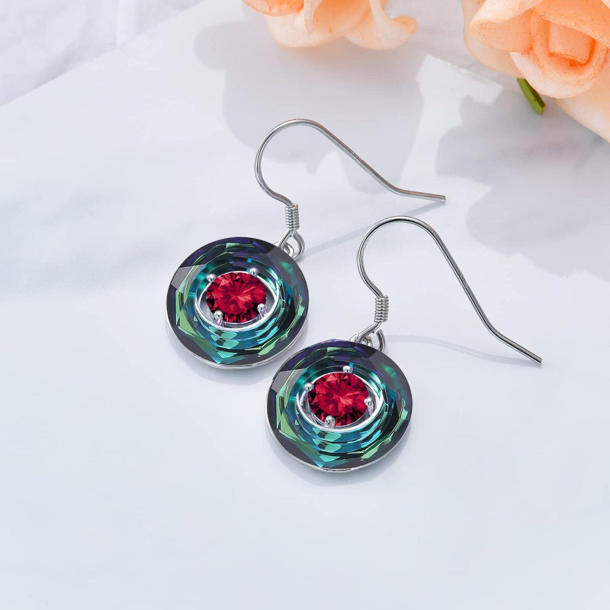 Sterling Silver Crystal Round Drop Earrings-3