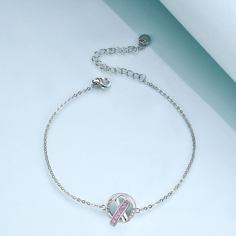 Sterling Silver Crystal Round Charm Bracelet-3