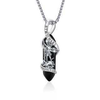 Sterling Silver Crystal Saint Michael Pendant Necklace with Engraved Word-1