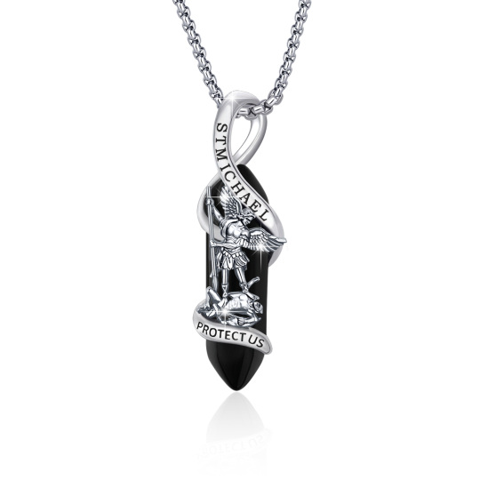 Sterling Silver Crystal Saint Michael Pendant Necklace with Engraved Word