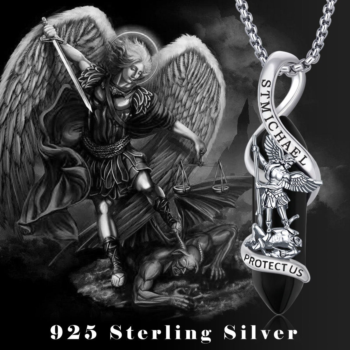 Sterling Silver Crystal Saint Michael Pendant Necklace with Engraved Word-4