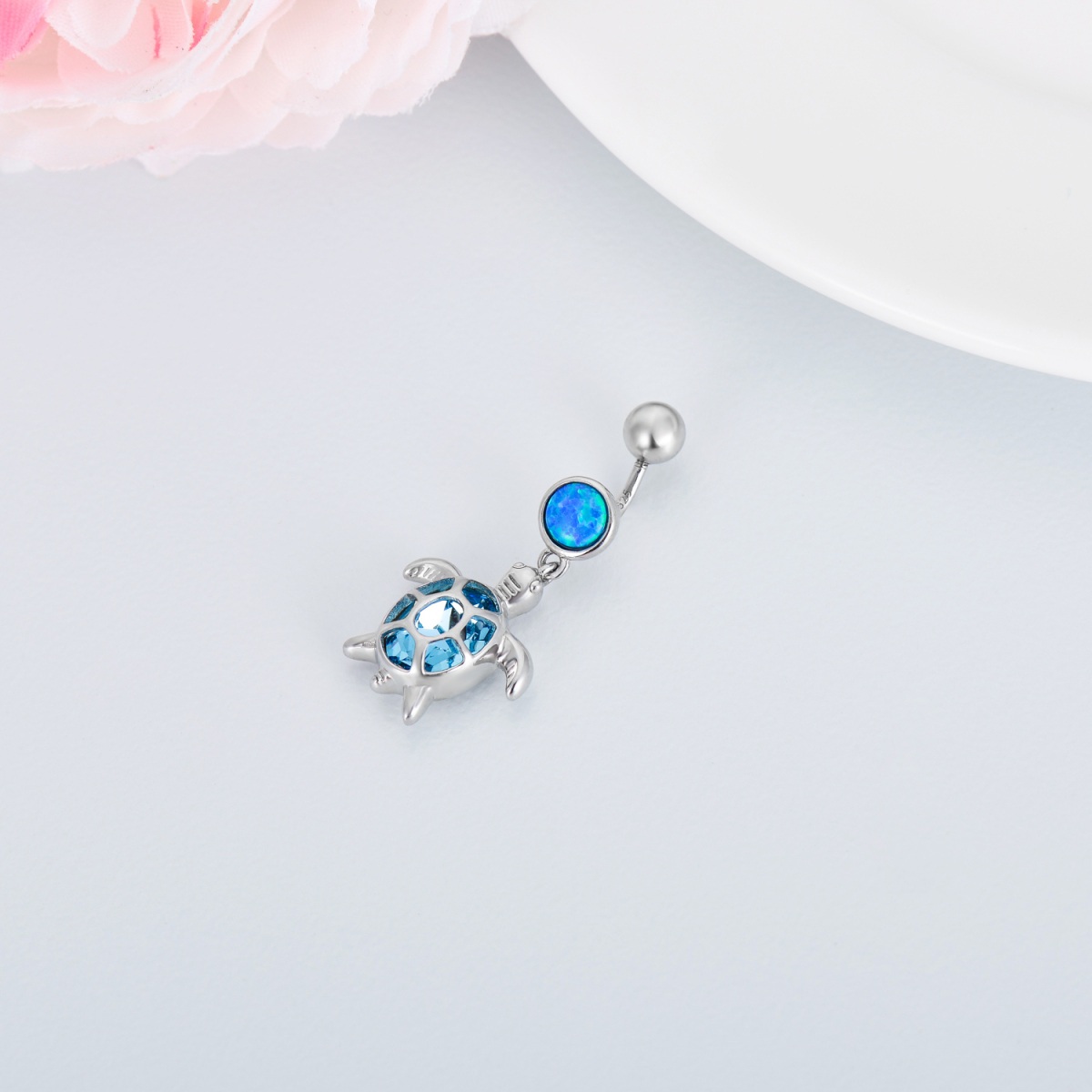 Sterling Silver Crystal Sea Turtle Belly Button Ring-3