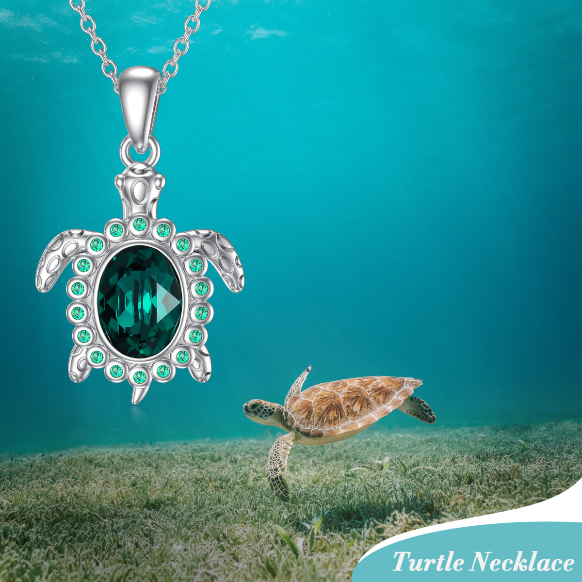 Collier avec pendentif tortue de mer en cristal en argent sterling-3