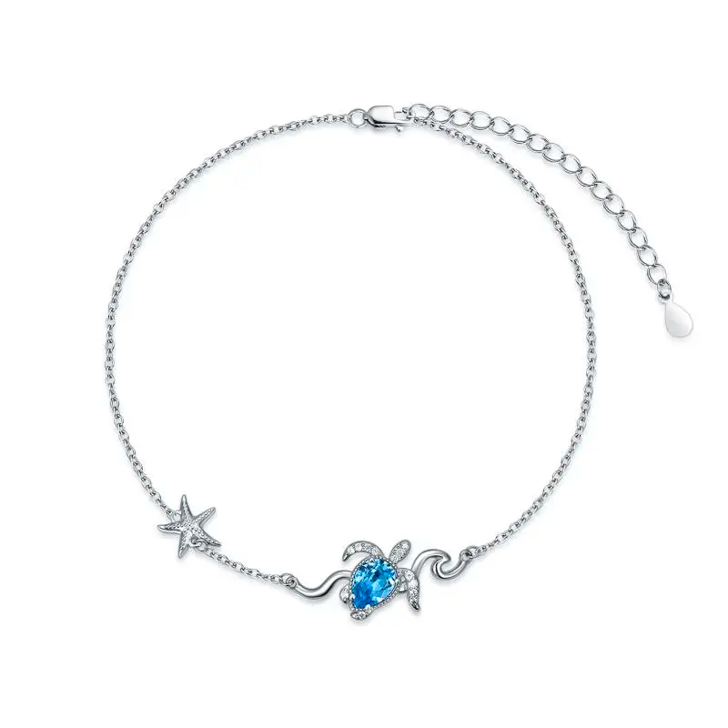Tobillera de una capa de plata de ley con forma de estrella de mar y tortuga marina-1