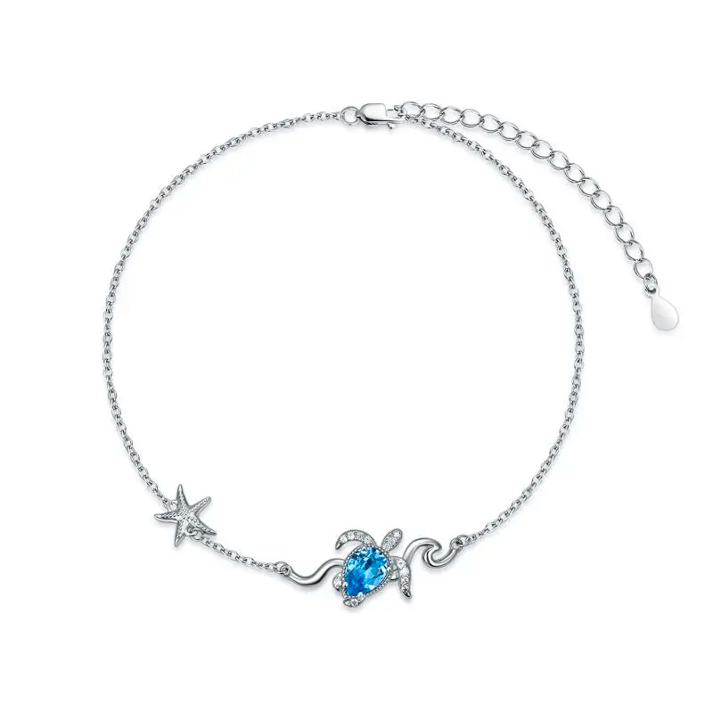 Sterling Silver Crystal Sea Turtle & Starfish Single Layer Anklet-1