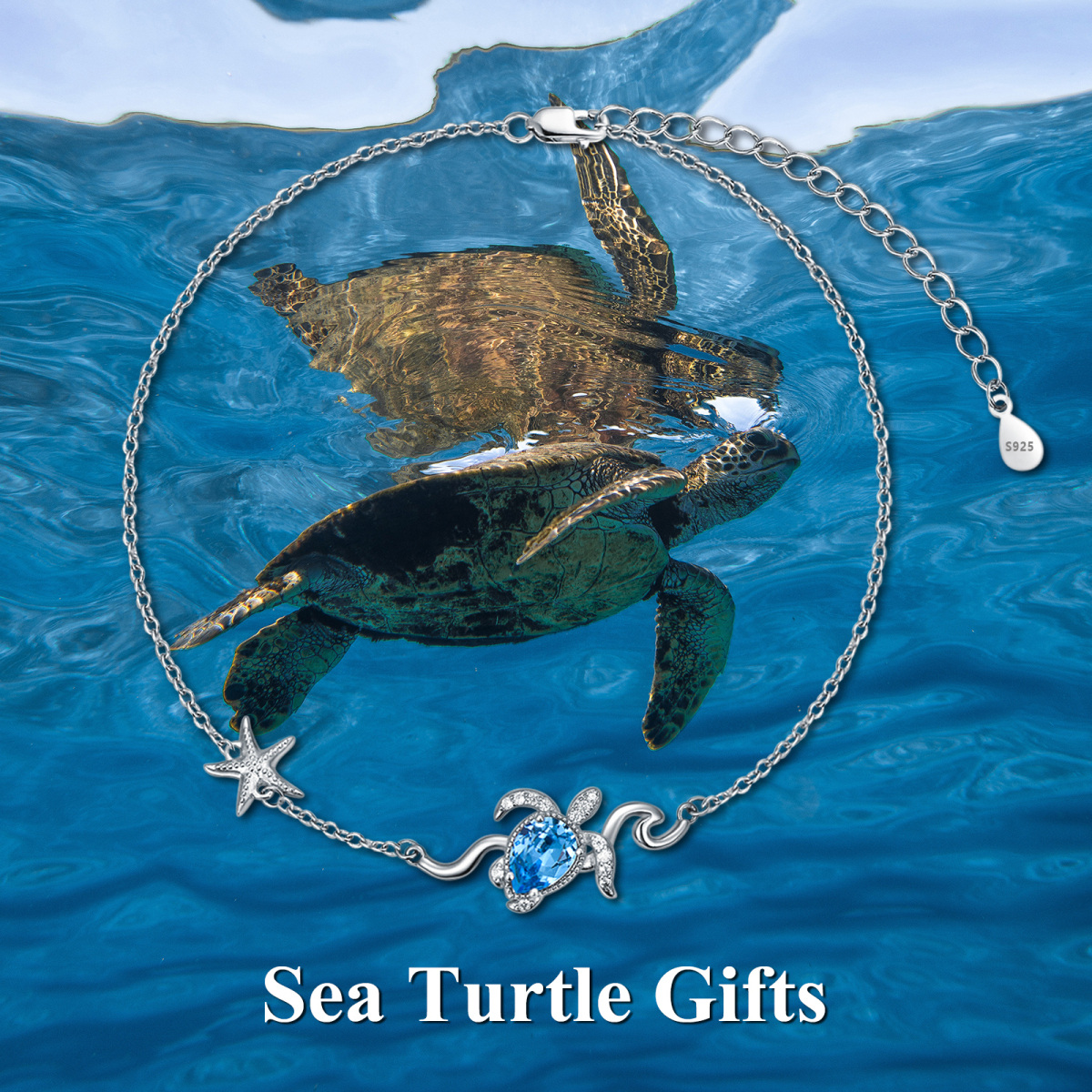 Sterling Silver Crystal Sea Turtle & Starfish Single Layer Anklet-4