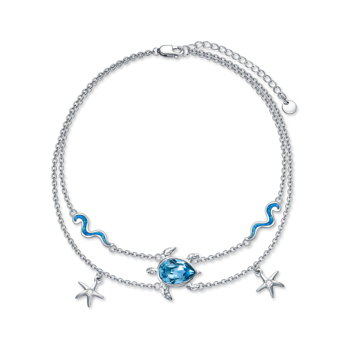 Sterling Silver Oval Crystal Sea Turtle & Starfish With Spray Multi-Layered Anklet For Women-1