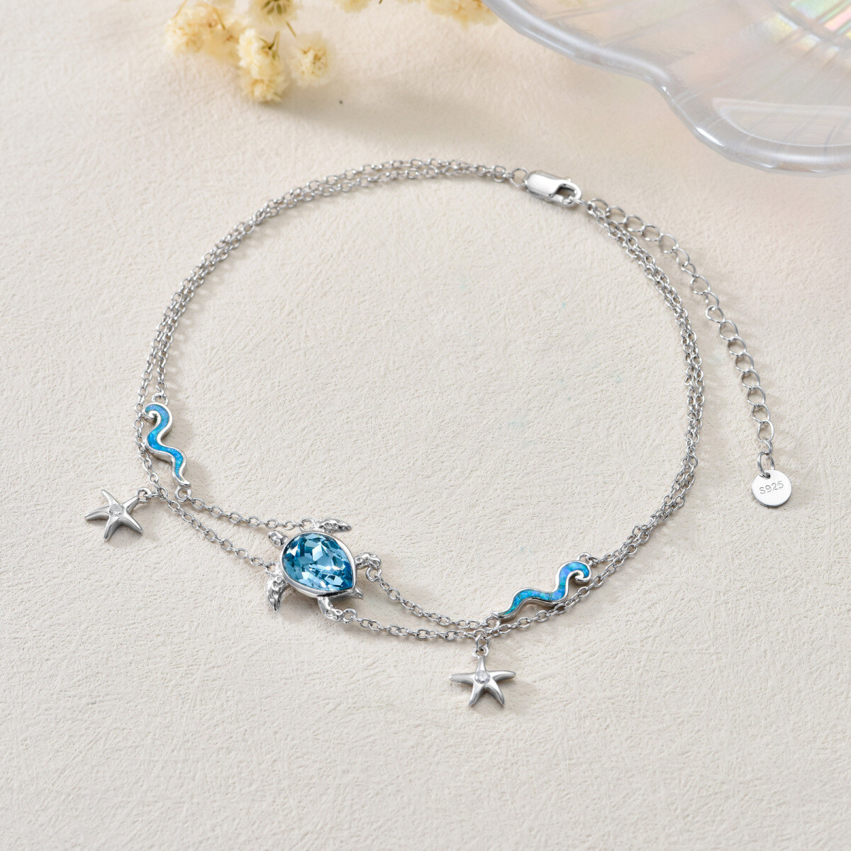 Sterling Silver Oval Crystal Sea Turtle & Starfish With Spray Multi-Layered Anklet For Women-3