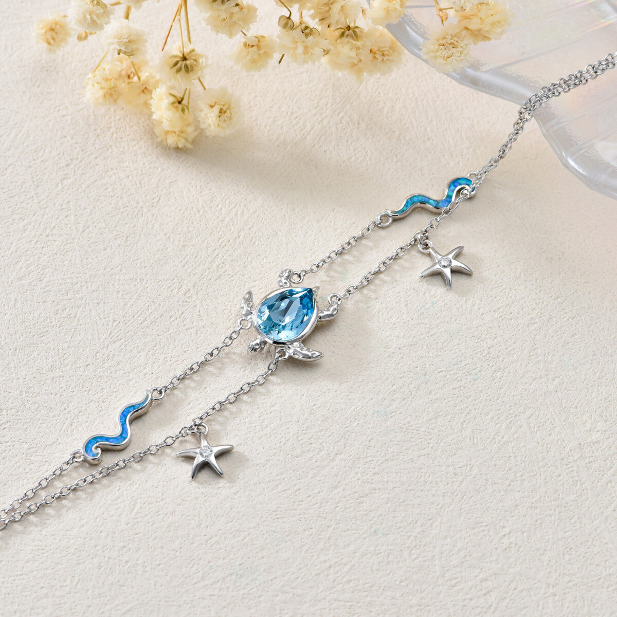 Sterling Silver Oval Crystal Sea Turtle & Starfish With Spray Multi-Layered Anklet For Women-4