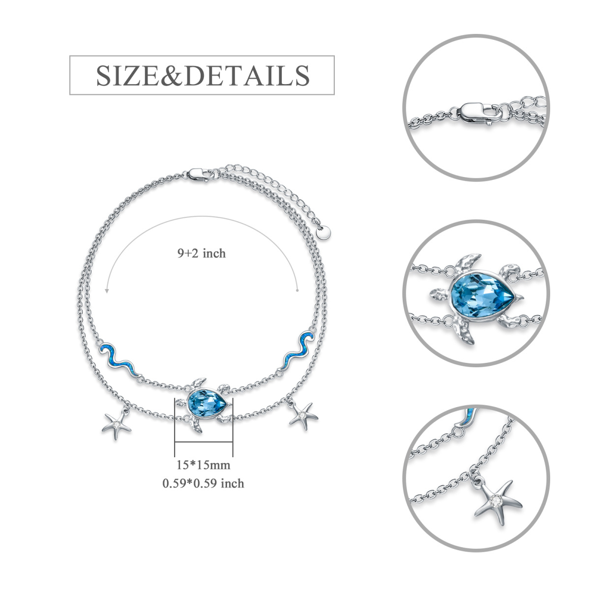 Sterling Silver Oval Crystal Sea Turtle & Starfish With Spray Multi-Layered Anklet For Women-5