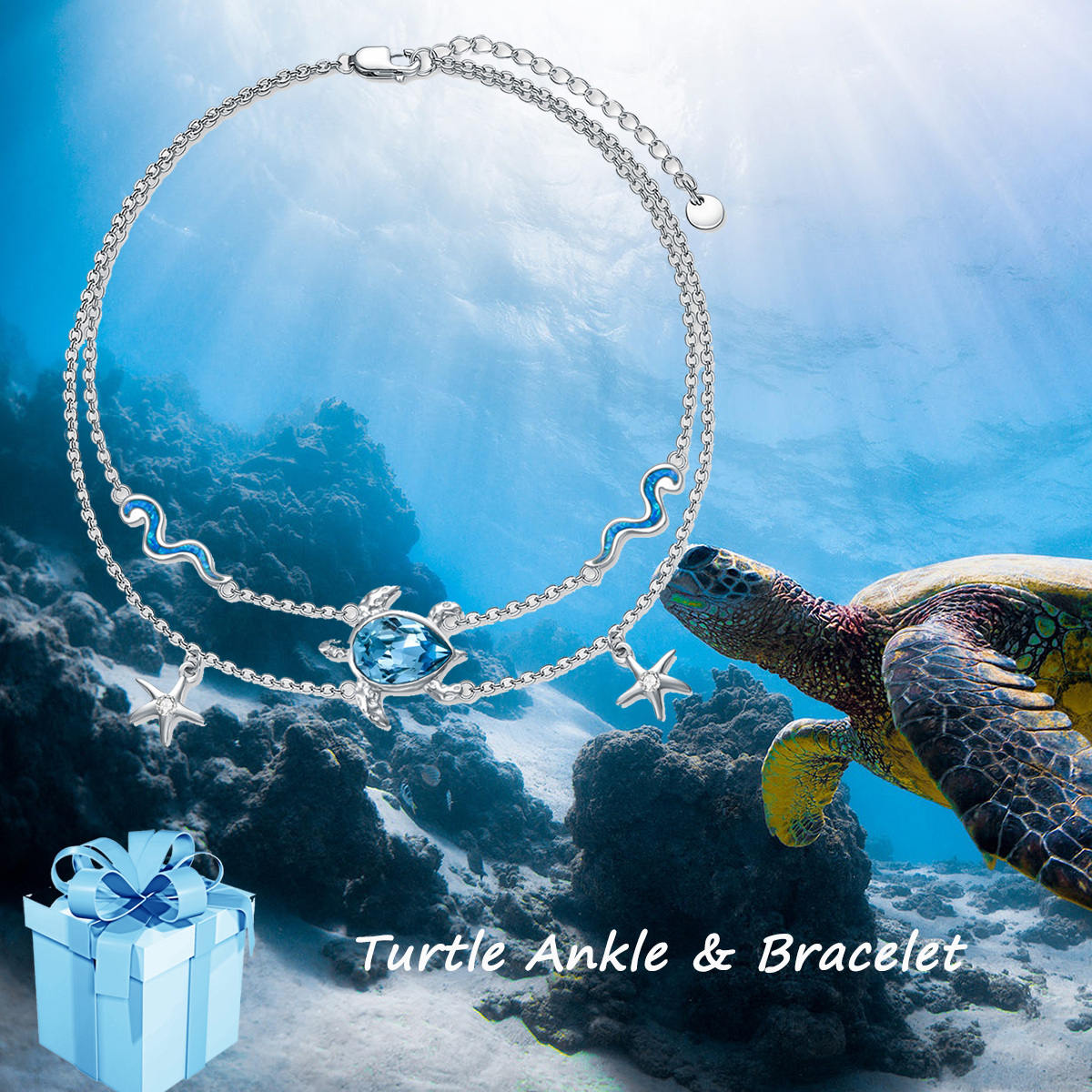 Sterling Silver Oval Crystal Sea Turtle & Starfish With Spray Multi-Layered Anklet For Women-6