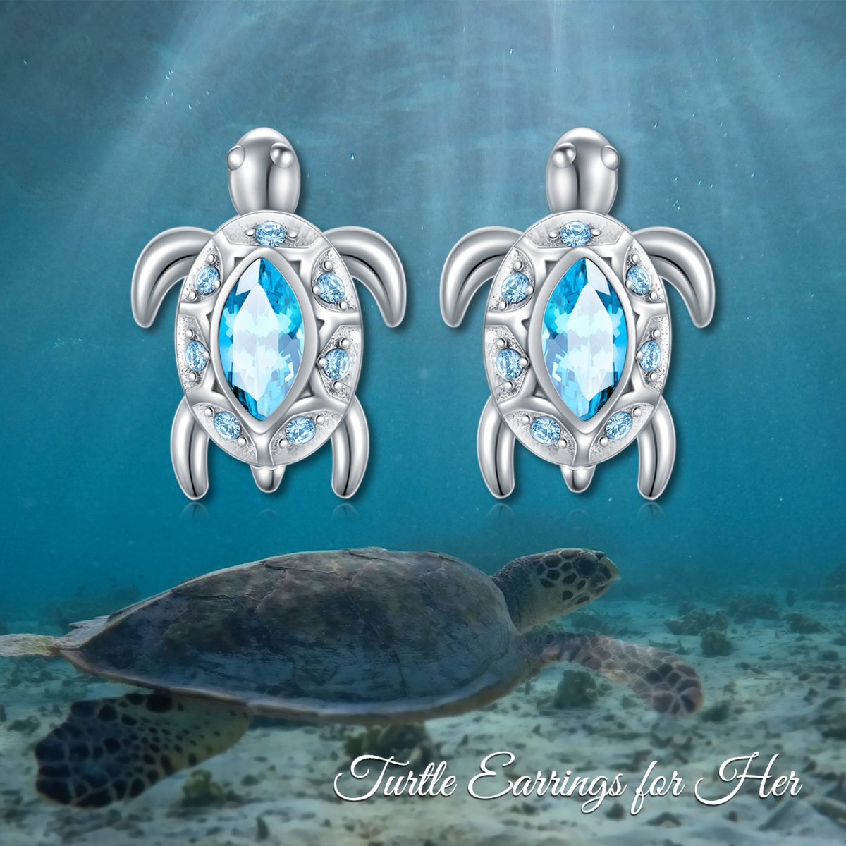 Sterling Silver Crystal Sea Turtle Stud Earrings-3