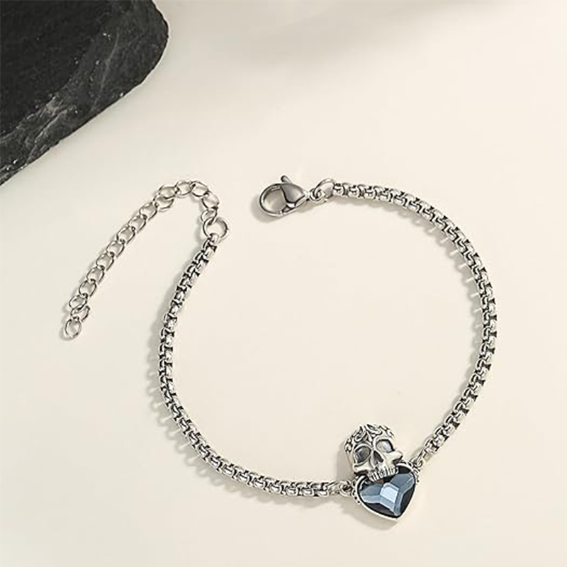 Bracelet pendentif tête de mort en argent sterling et cristal-4