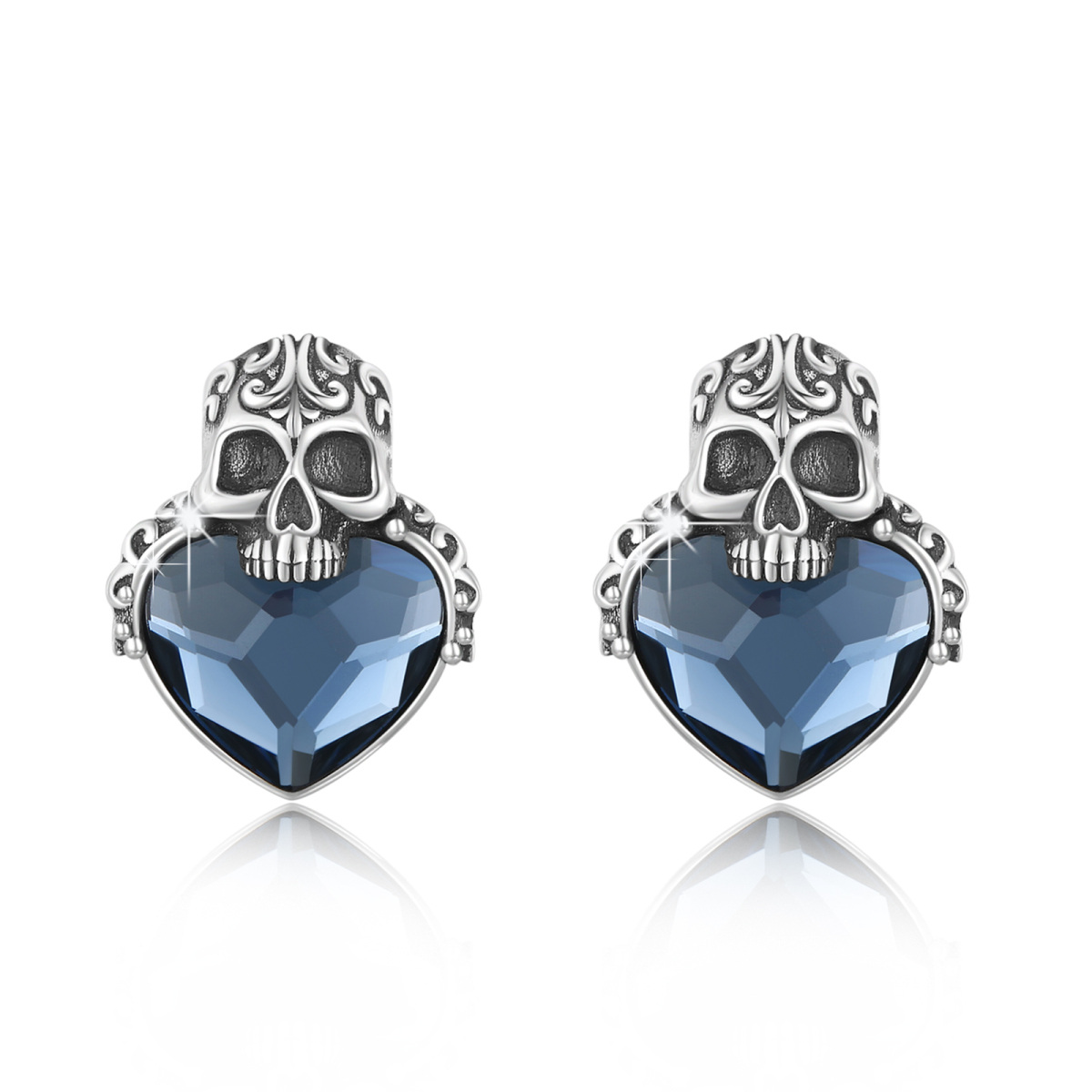 Sterling Silver Crystal Skull Stud Earrings-1