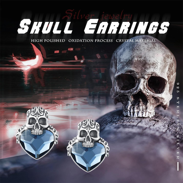 Sterling Silver Crystal Skull Stud Earrings-5