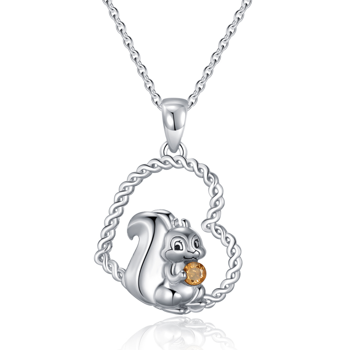 Sterling Silver Crystal Squirrel & Heart Pendant Necklace-1