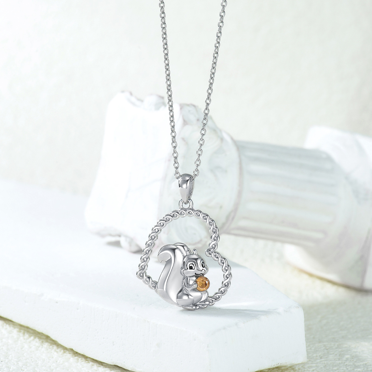 Sterling Silver Crystal Squirrel & Heart Pendant Necklace-3