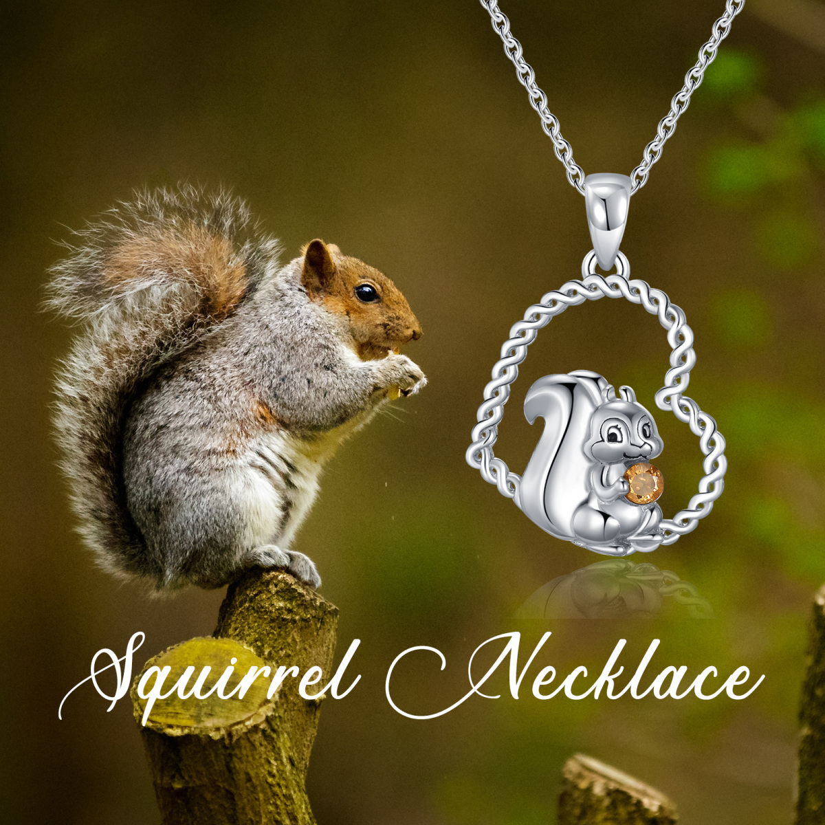 Sterling Silver Crystal Squirrel & Heart Pendant Necklace-6