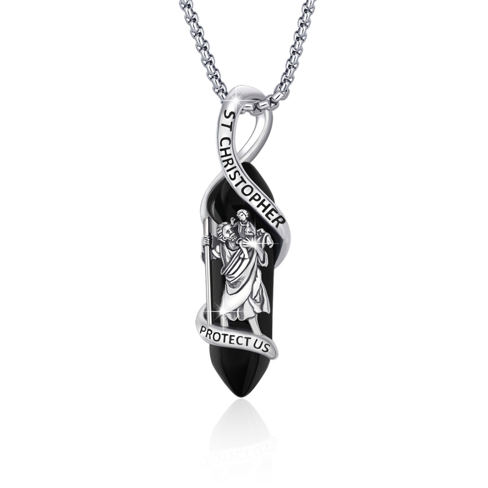 Sterling Silber Kristall St. Christopher Anhänger Halskette mit eingraviertem Wort-1