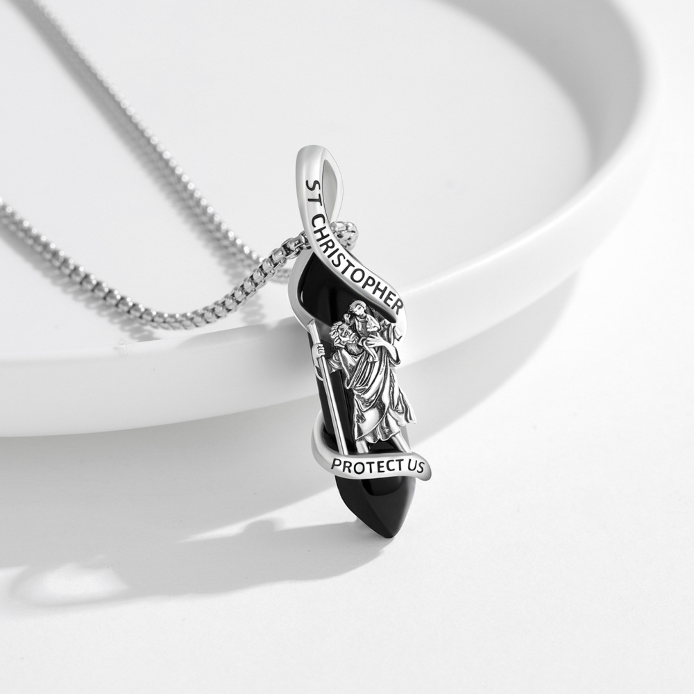 Sterling Silber Kristall St. Christopher Anhänger Halskette mit eingraviertem Wort-6